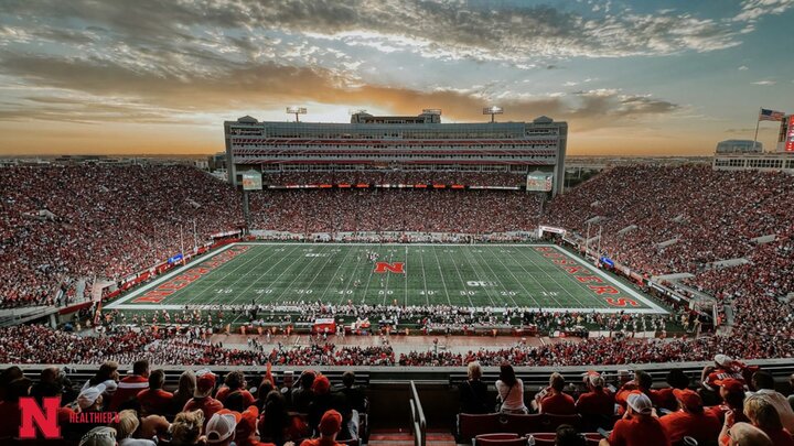 Aerial View of Memorial Stadium at an evening football game