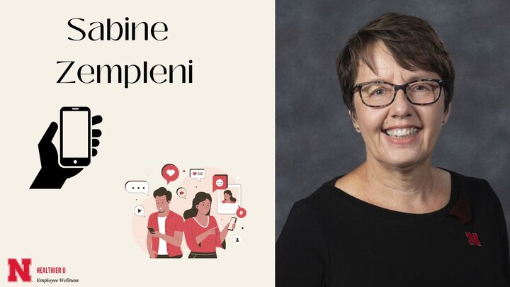 Profile photo of Sabine Zempline next to cartoon images of two people using their phones with social media icons around them