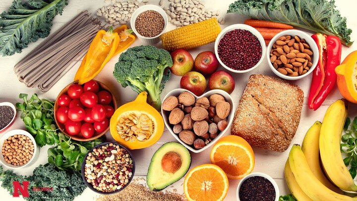 Display of different vegetables, fruits, nuts