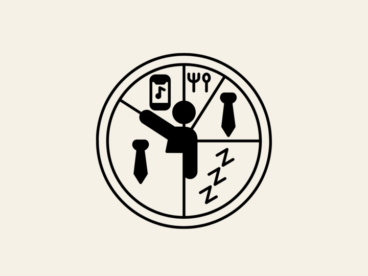 Circle divided into 5 sections with a person icon in the middle, cellphone icon with a music note, fork and knife set, dress-tie icon, three z icon representing sleep