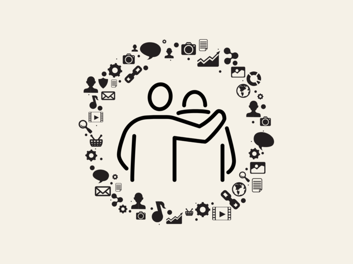 Two people hugging and showing sympathy towards one another surrounded by a circle of mini icons showcasing different elements of social well-being