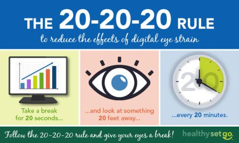 "20-20-20-Rule Infographic, Every 20 minutes take a 20 second screen break and look at something 20 feet away" Infographic made by healthysetgo