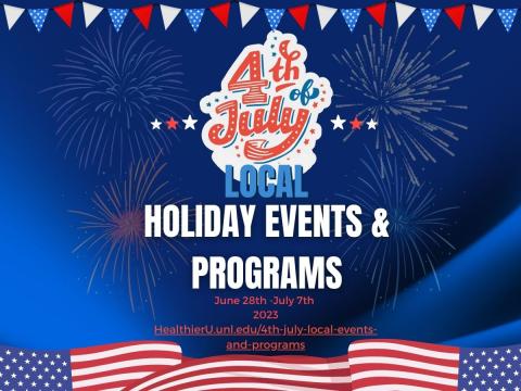 Text "4th of july local holiday events and programs. Link to blog: healthierU.unl.edu/4th-july-local-events-and-programs." End Text. Text surrounded by firework clipart, American flags, and stars.
