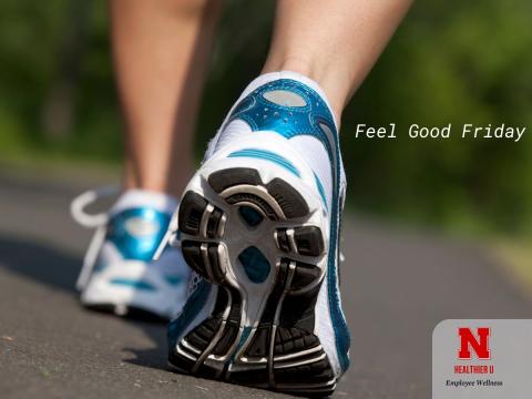 Person walking in blue and white sneakers on a paved road. Text " Feel Good Friday" with the HealthierU Logo in the bottom right corner.