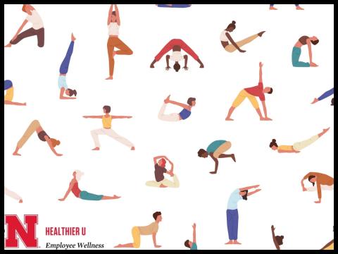 Cartoon people doing multiple yoga stretches